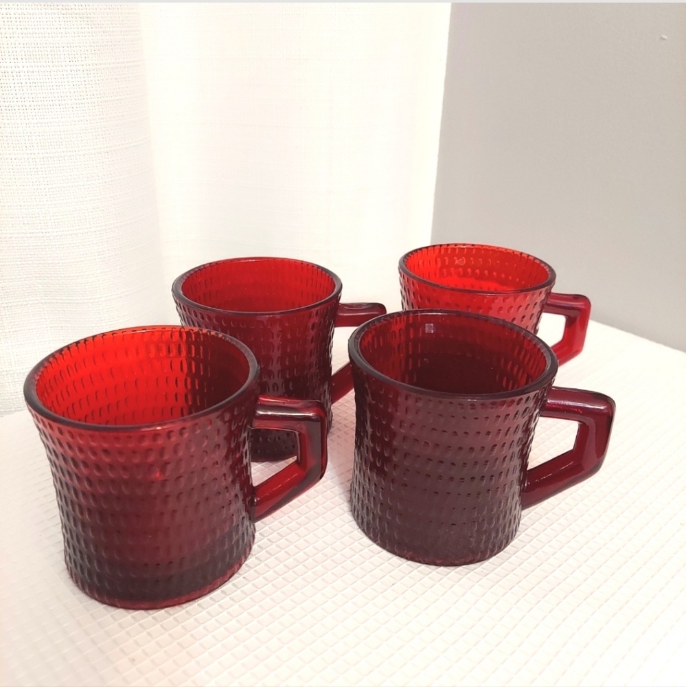 Vtg Ruby Cadmium Red Glass Mugs Cups Heavy Glow Glass 8 oz Christmas